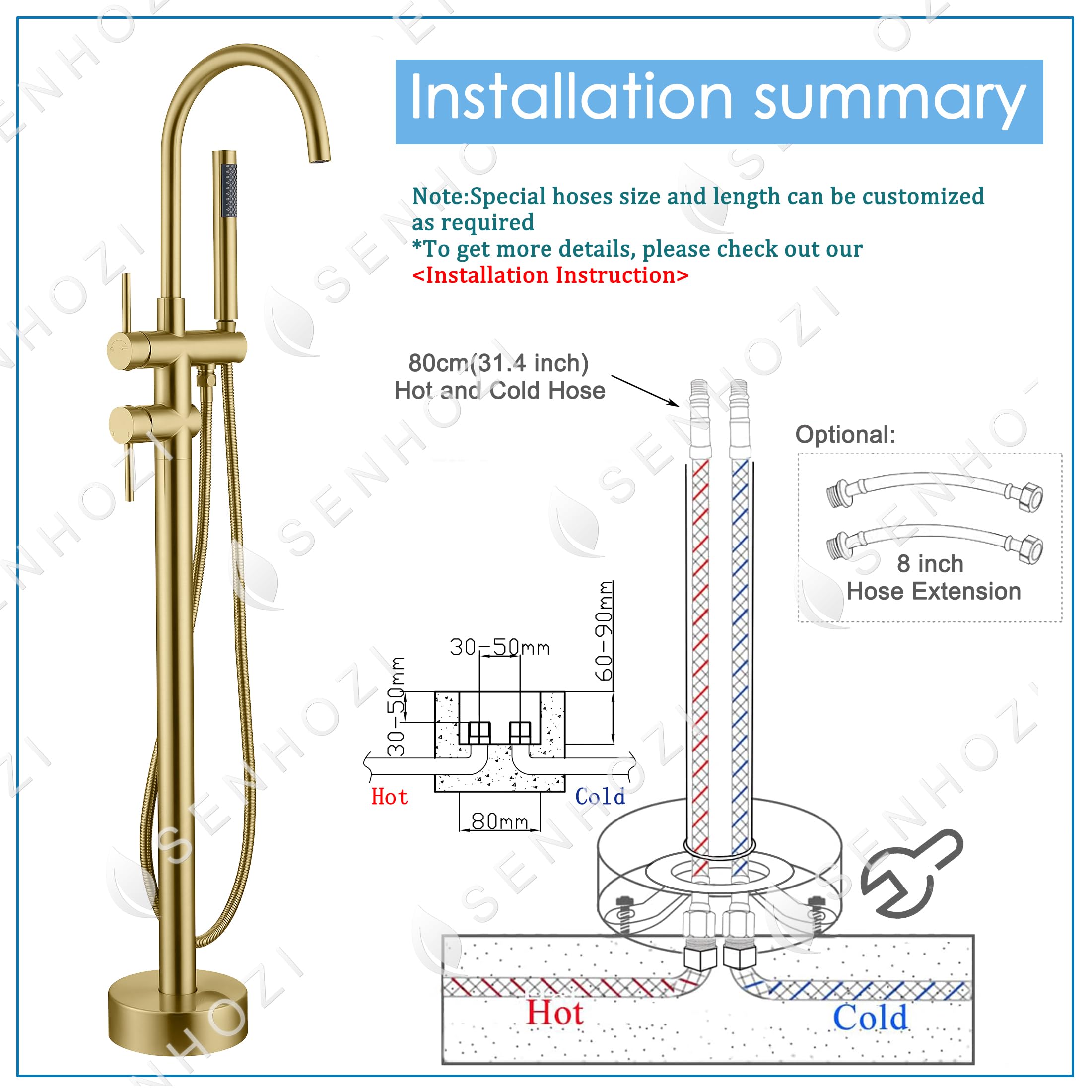 Freestanding Tub Faucet Floor Mount Tub Fillers Freestanding, Senhozi Brushed Gold Free Standing Tub Faucets, Mixer Tap Two Handle Gold Freestanding Bathtub Faucet with Hand Shower, SE-3001-BG