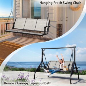 NOBLEMOOD Outdoor Patio Swing with Adjustable Canopy, 3 Seat Outdoor Porch Swing with Cup Holders, Waterproof Textilene Swing Chair for Adults Backyard Garden Patio