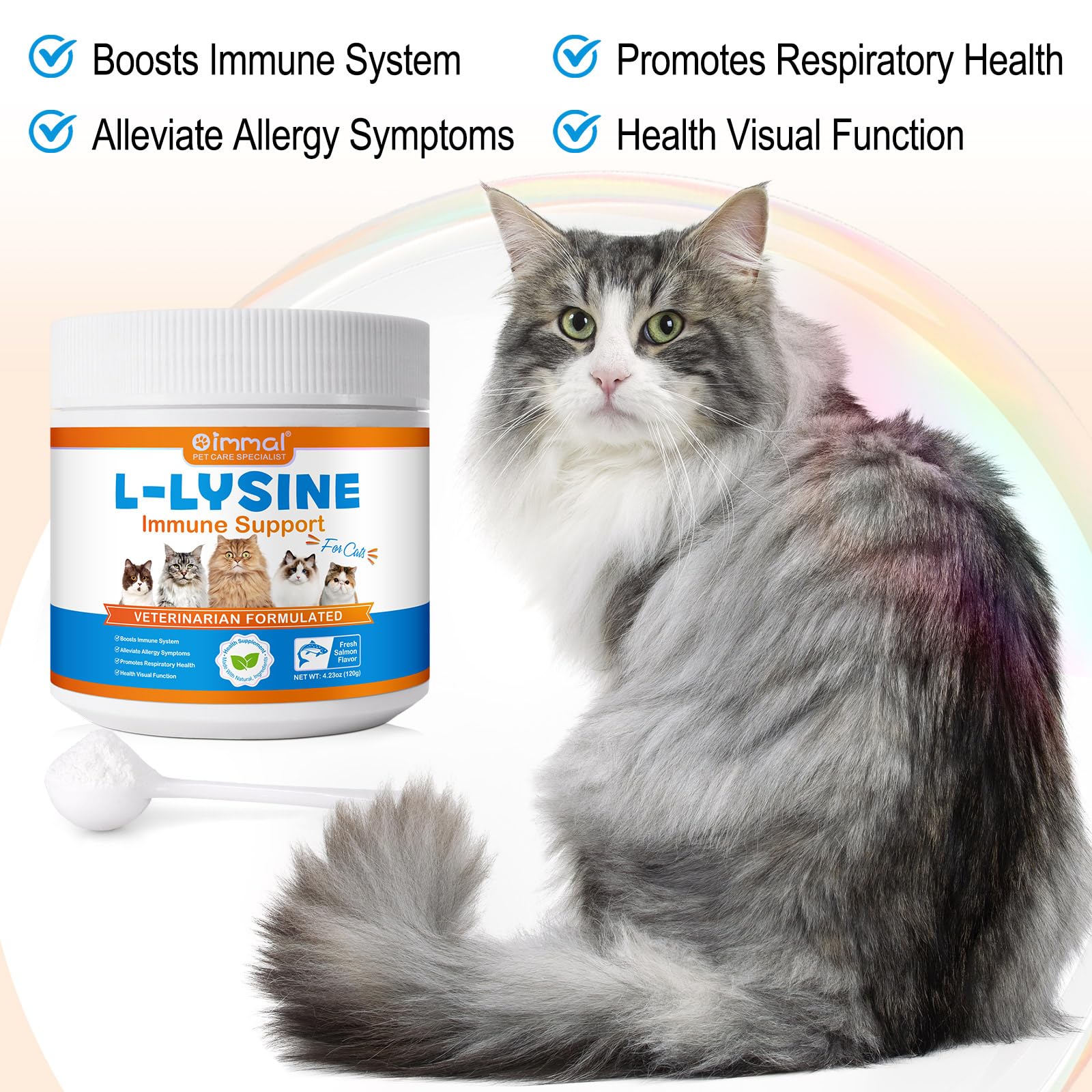 L-Lysine Powder for Cats, 120g Lysine Powder Supports Cats Immune System, Respiratory Health & Visual Function – Lysine Powder Improve Cats Eye Discharge, Pets Health Supplies, Salmon Flavor - 4.23oz