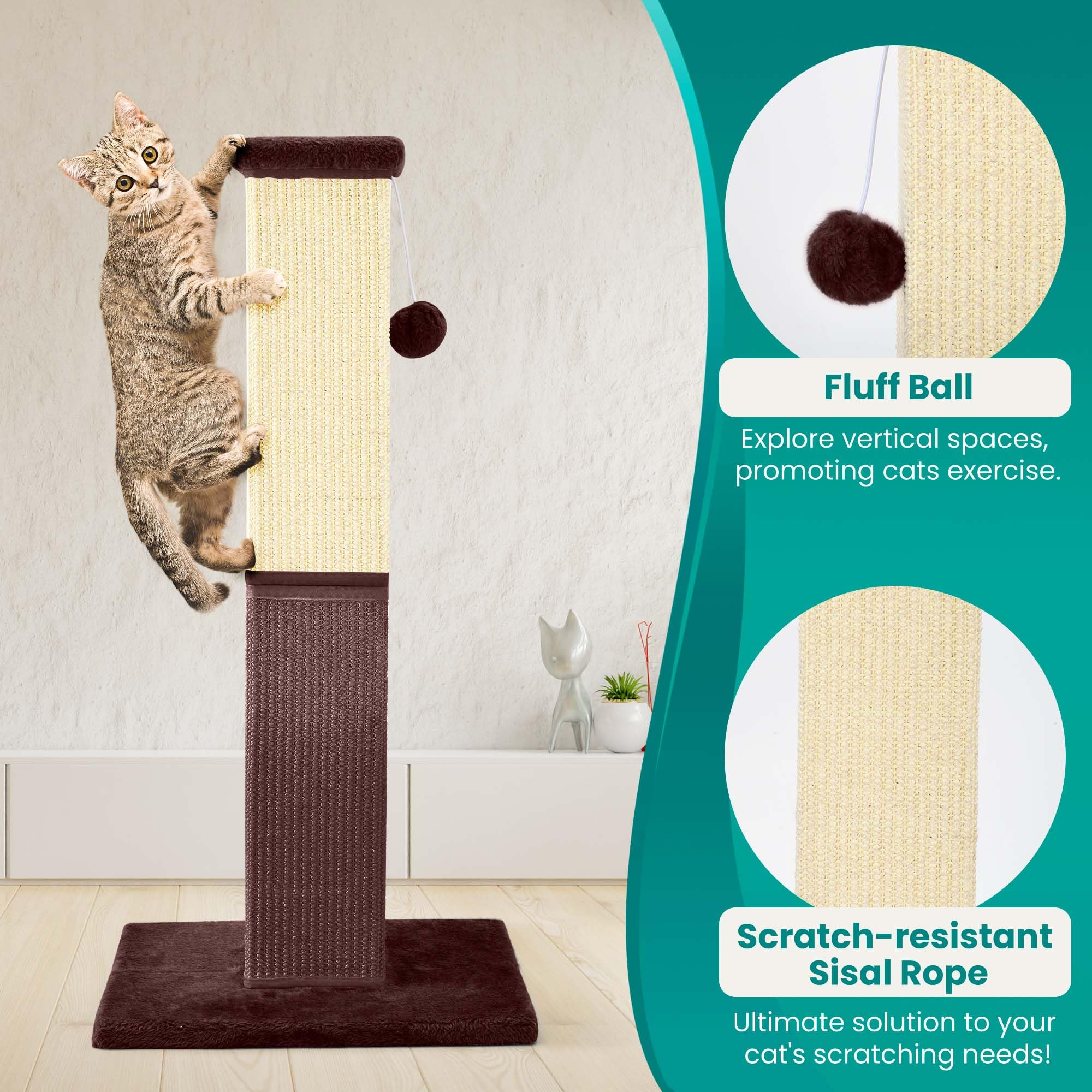 YULOYI Cat Scratching Post, 32 Inch Cat Scratching Post for Large Cats, Cat Scratcher with Nature Sisal, Cat Scratch Post for Indoor Large Cats and Kitten, Brown