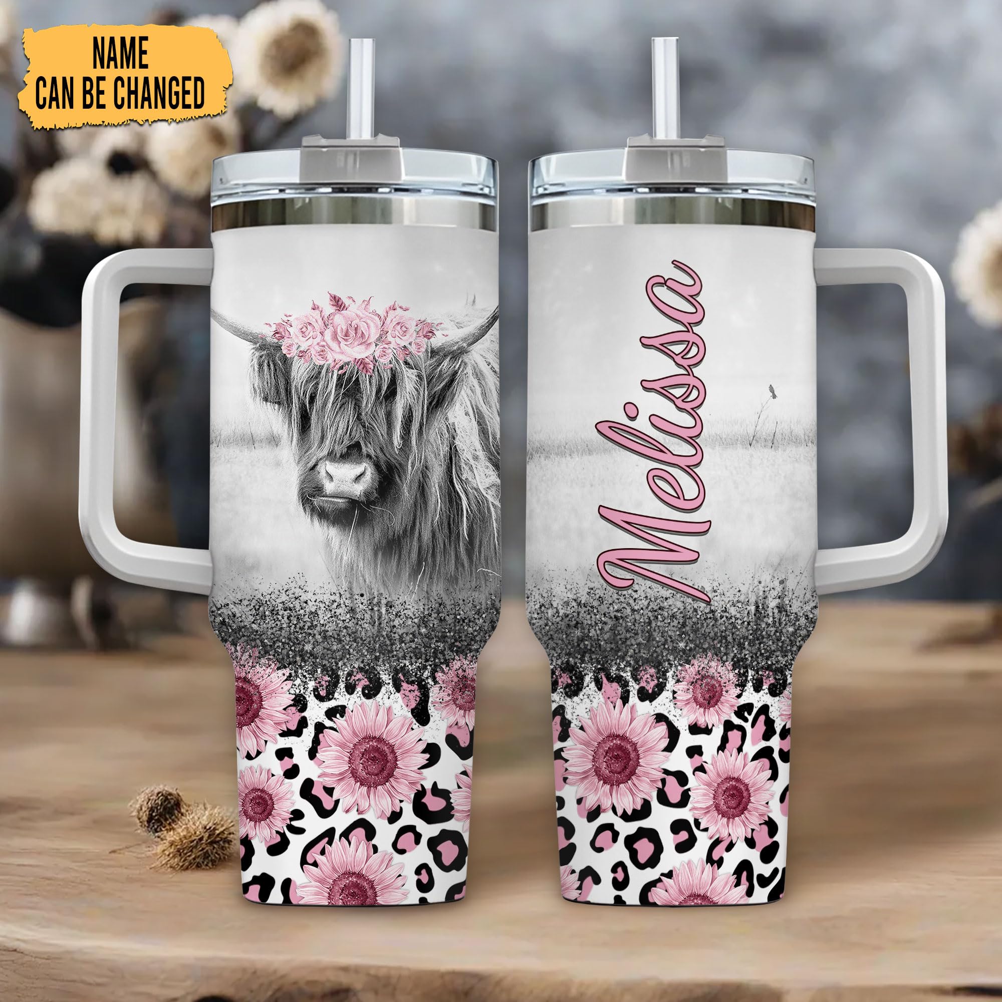 Hyturtle Personalized Gifts For Highland Cow Lover Tumbler 40oz with Handle and Straw - Stainless Steel Travel Coffee Cup With Lid - Cute Farm Animal Lover Gifts For Women, Girl On Birthday Christmas