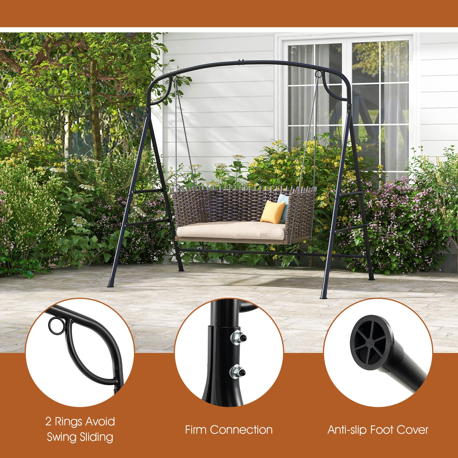 HAPPYGRILL Outdoor Swing Frame Heavy-Duty Metal Porch Swing Stand with Side Bars & 2 Rings, 660 lbs Weight Capacity, A-Frame Swing Frame for Garden, Backyard, Balcony