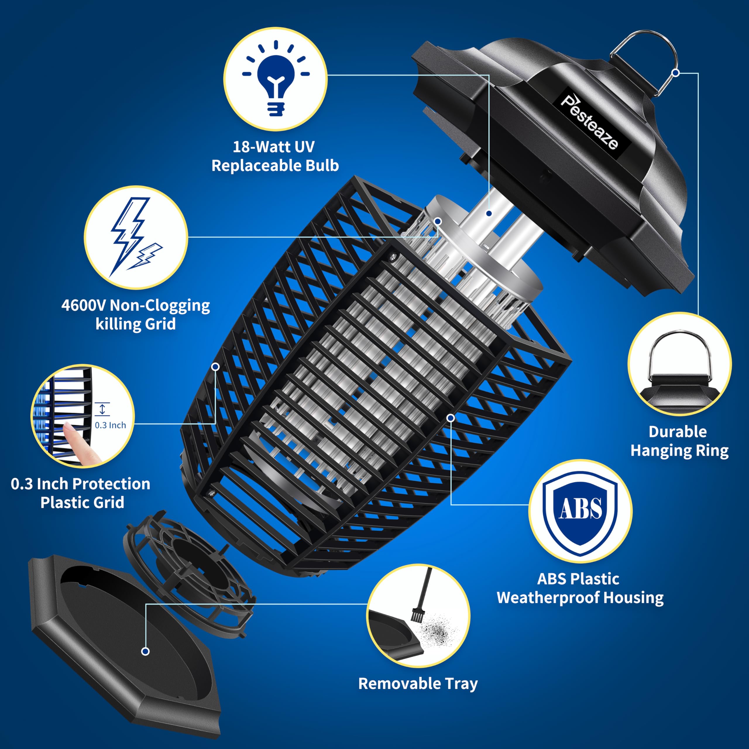 Pesteaze 4600V Instant Killing Bug Zapper Outdoor Waterproof, 10ft Power Cord, 20W Electric Insect, Fly & Mosquito Zapper Killer with (1) Extra Replacement Bulb, Weatherproof ABS Plastic Shell