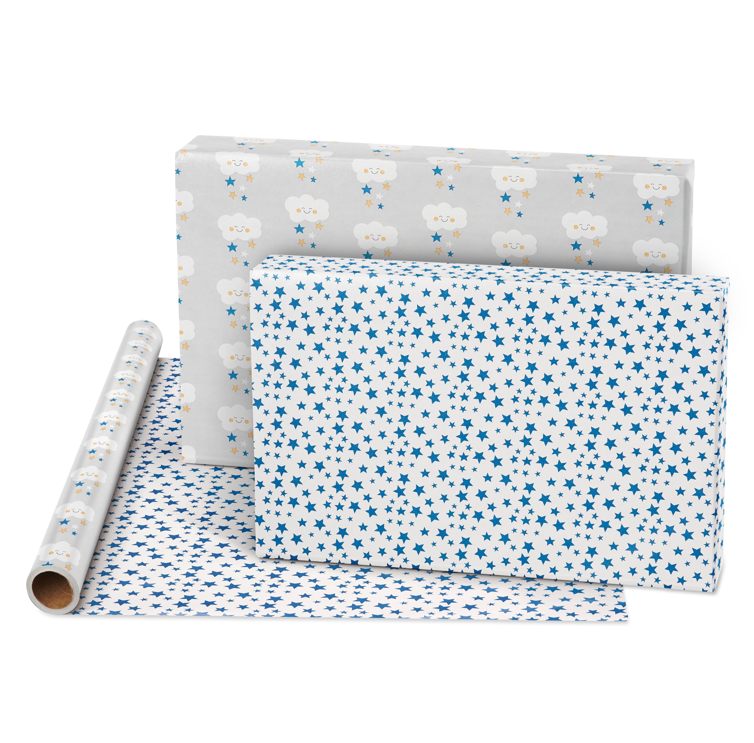 American Greetings 175 sq. ft. Reversible Wrapping Paper for Baby Showers, Birthdays and All Occasions, Clouds and Stars (1 Roll, 30 in x 70 ft.)