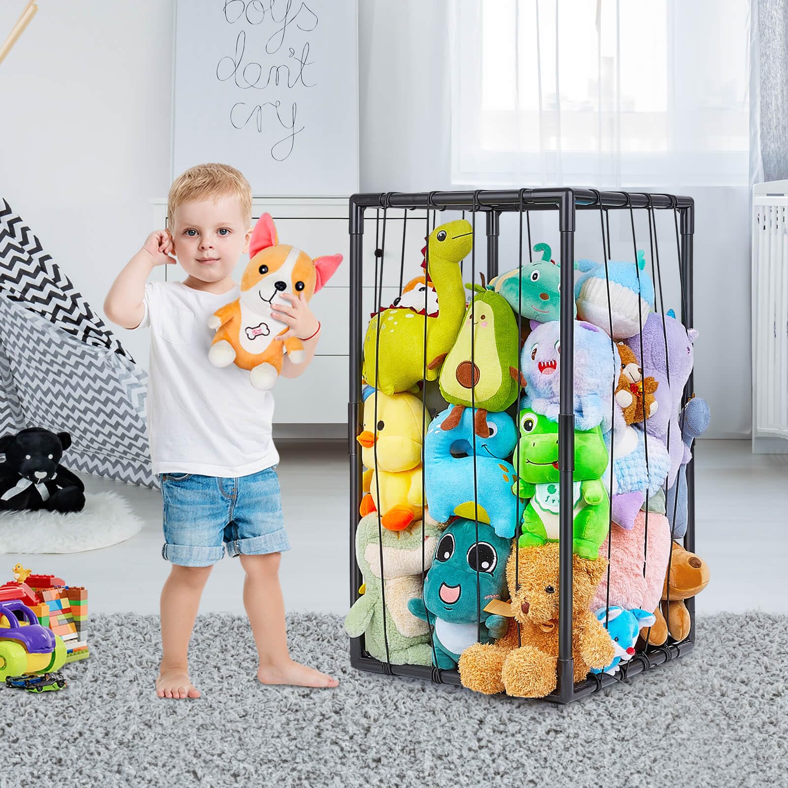 FIOBEE Stuffed Animals Zoo Storage Stuffed Animals Holder Organizer Large Toy Storage Shelf with Elastic Band Stuffed Animals Cage for Nursery Playroom Bedroom Room Furniture, Black, M