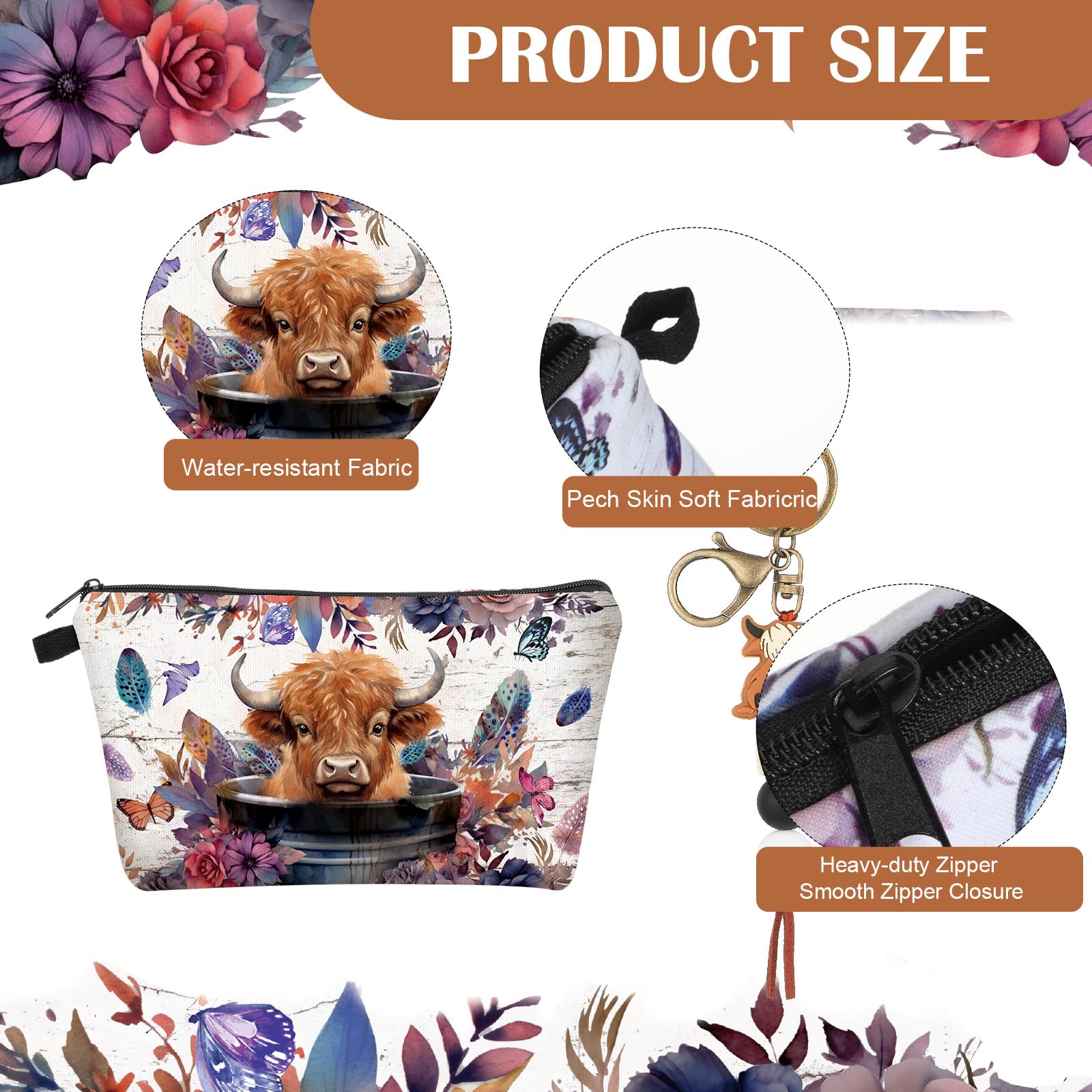 Abbylike 3 Pcs Western Highland Cow Gifts for Women 20 oz Highland Cow Stainless Steel Tumbler Highland Cow Makeup Cosmetic Bag Highland Cow Keychain for Highland Cow Lover Christmas Birthday Gift