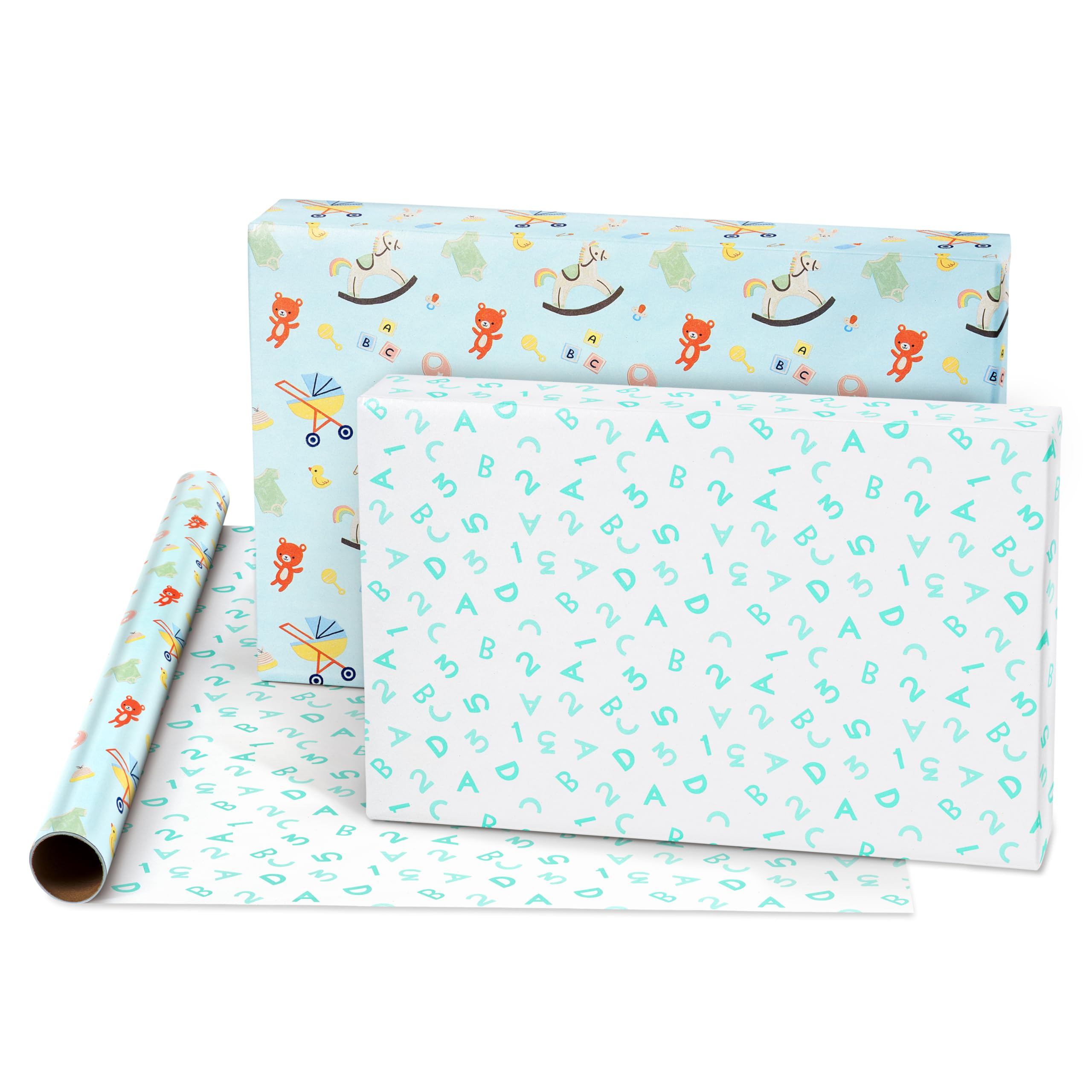 American Greetings 160 sq. ft. Reversible Wrapping Paper Bundle for Baby Showers, Baby Gifts, Birthdays and All Occasions, Hearts, Polka Dots and Animals (4 Rolls, 30 in. x 16 ft.)