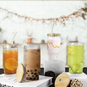 Icesip 4 Pcs 11 oz Drinking Glasses Cups Set with Bamboo Lids Straws Brush Hobnail Drinking Glassware Set for Juice Iced Coffee Beer Cocktail Whiskey