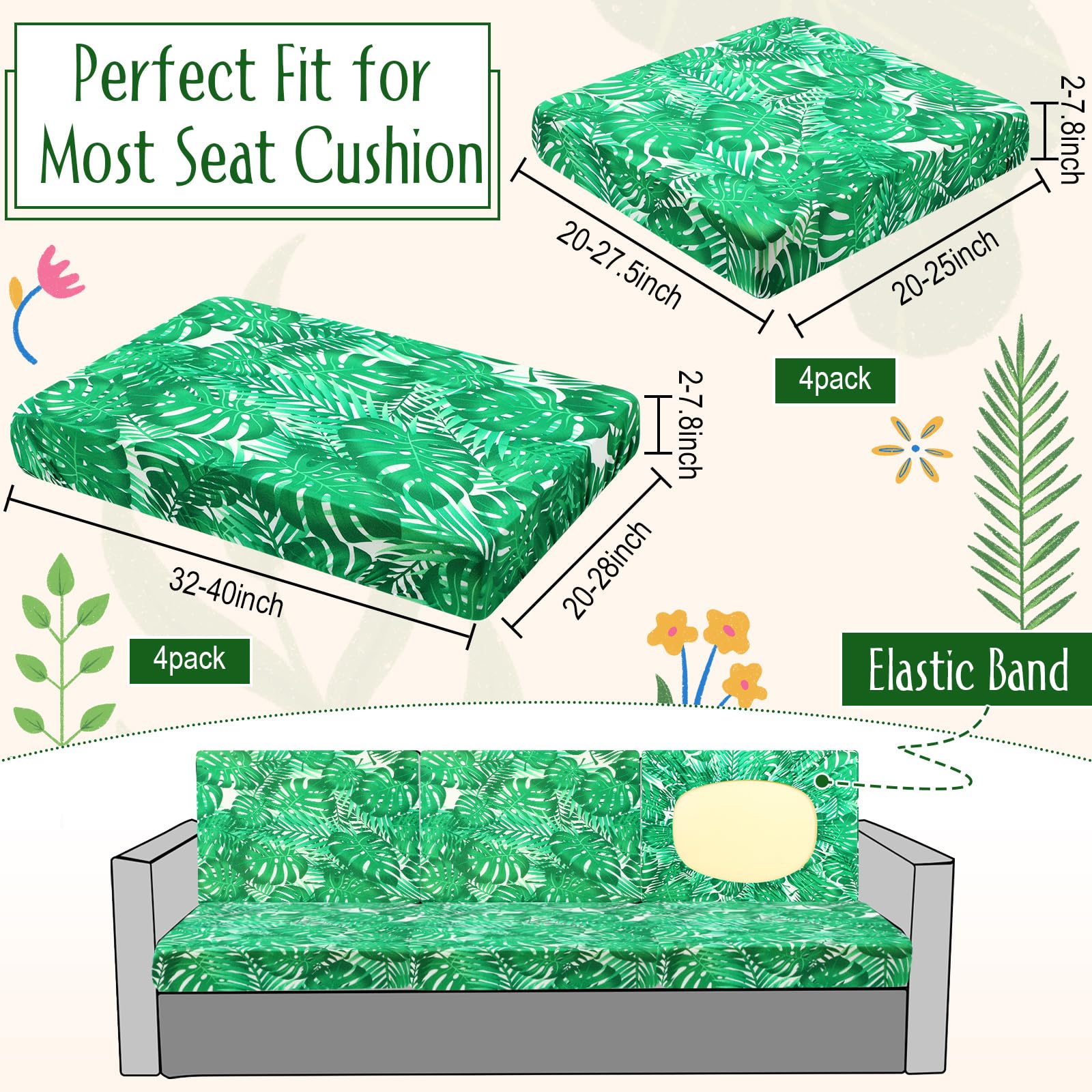 Spiareal 8 Pcs Waterproof Patio Stretch Sofa Cushion Cover, Outdoor Cushion Cover Replacement Include 4 Backrests and 4 Cushions, Sofa Seat Covers Furniture Protector (Monstera)