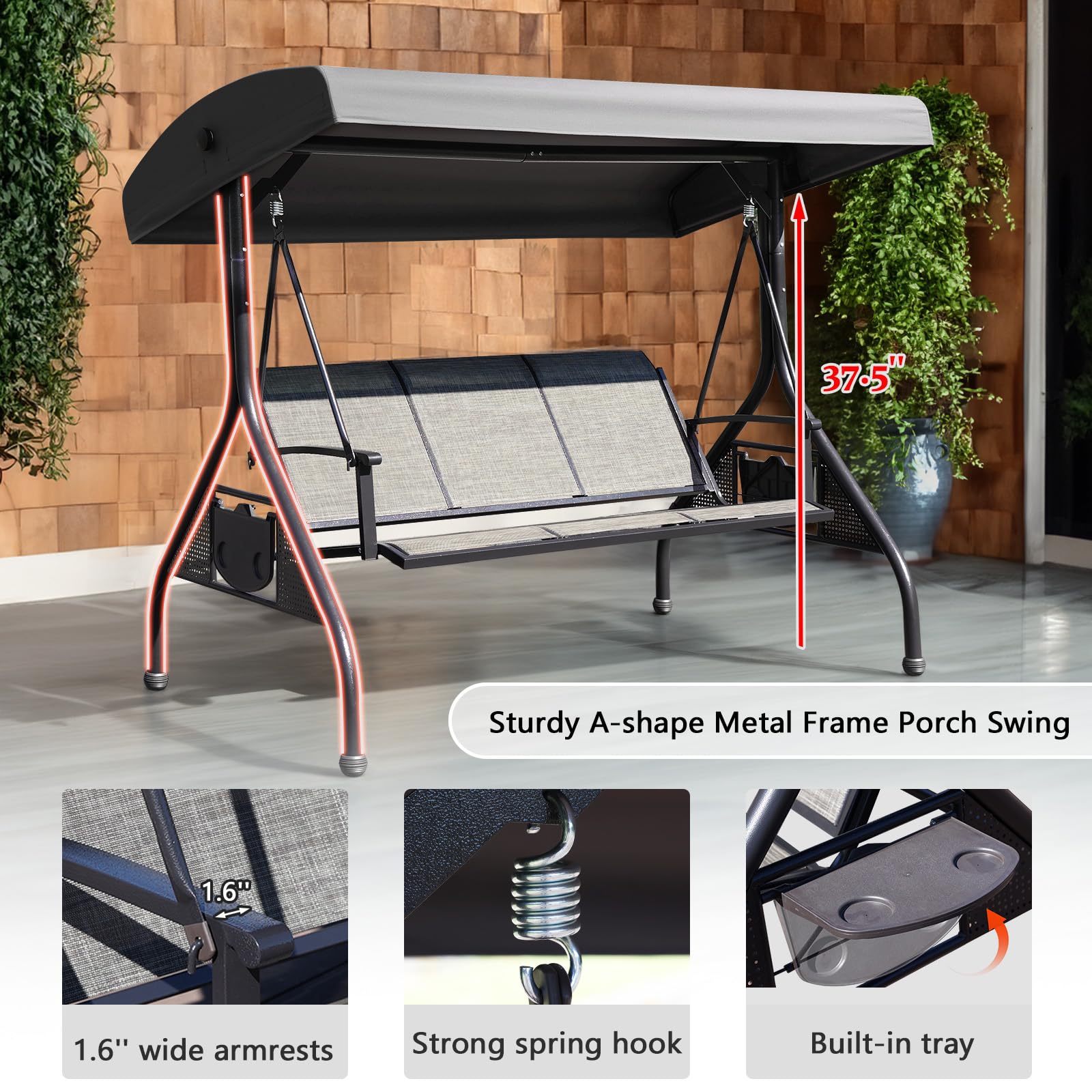 NOBLEMOOD Outdoor Patio Swing with Adjustable Canopy, 3 Seat Outdoor Porch Swing with Cup Holders, Waterproof Textilene Swing Chair for Adults Backyard Garden Patio