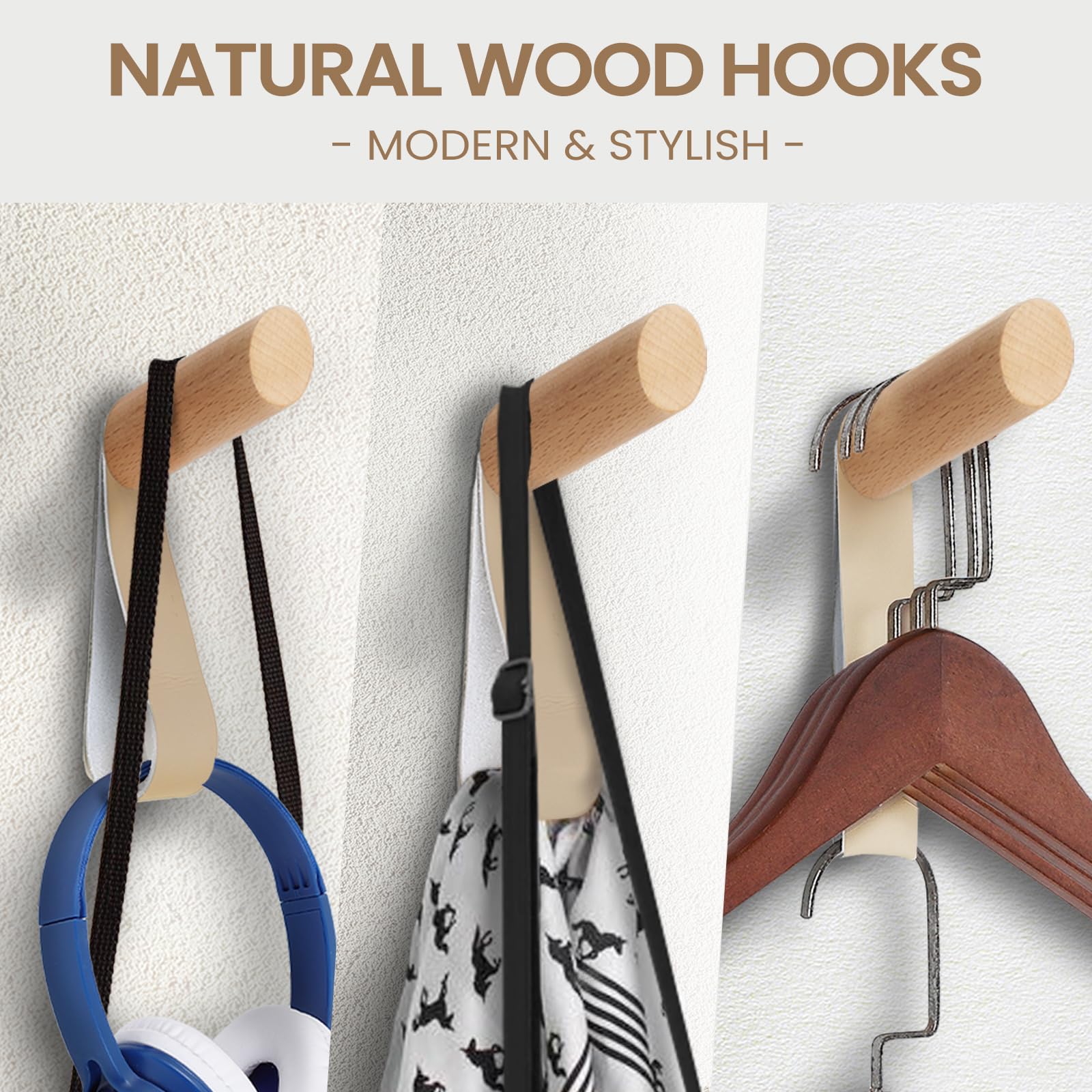 evory 5 Pack Wood Wall Hooks, Rustic Wooden Coat Hooks Wall Mount, No Damage Adhesive Hat Hooks for Wall, Decorative Coat Rack Hangers for Hanging Clothes Towels Guitar Backpacks Purses