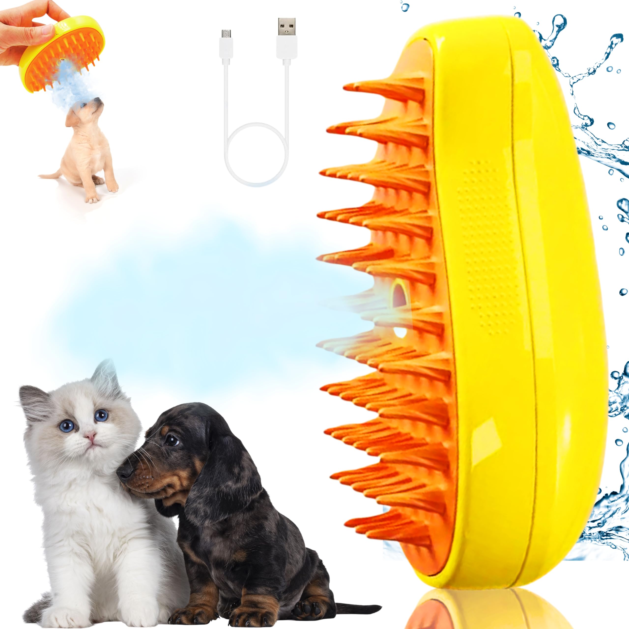 Generic 3-in-1 Self-Cleaning Steam Brush for Pets - Removes Loose and Tangled Hair, Multifunctional Design for Cats, Yellow