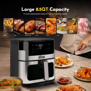 MIRASTON 8.5QT Air Fryer, Upgraded 8-in-1 Square Nonstick Basket Air Fryers, Smart Touchscreen with 8-Presets, Air Fry, Bake, Broil, Reheat, Fast Cooking, Oilless, Dishwasher-Safe, for Family, Parties