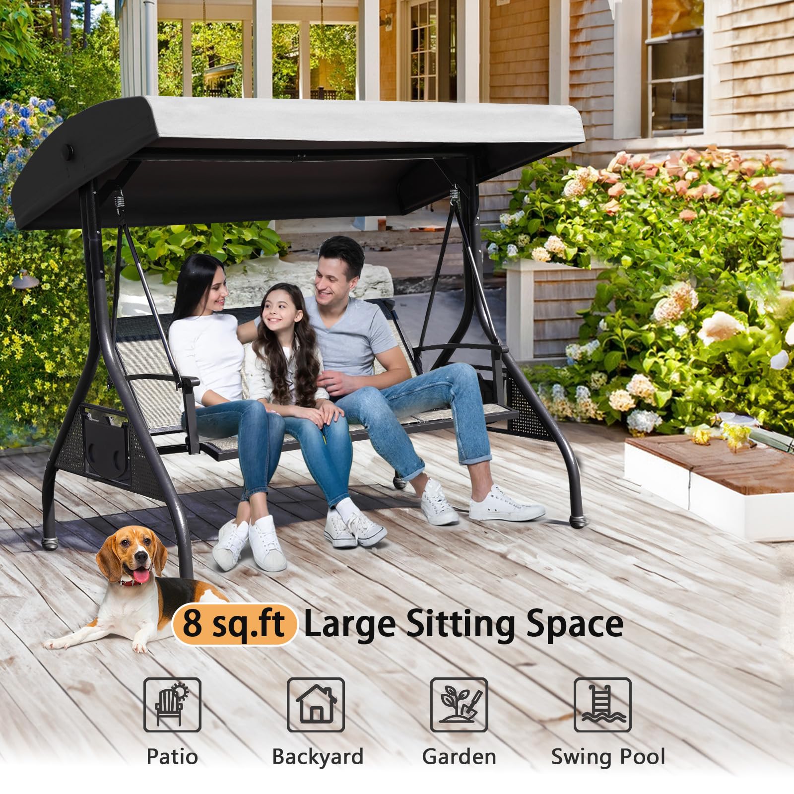 NOBLEMOOD Outdoor Patio Swing with Adjustable Canopy, 3 Seat Outdoor Porch Swing with Cup Holders, Waterproof Textilene Swing Chair for Adults Backyard Garden Patio