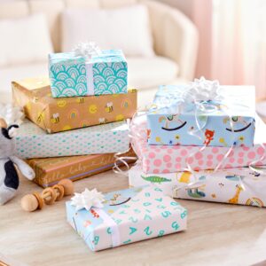 American Greetings 160 sq. ft. Reversible Wrapping Paper Bundle for Baby Showers, Baby Gifts, Birthdays and All Occasions, Hearts, Polka Dots and Animals (4 Rolls, 30 in. x 16 ft.)