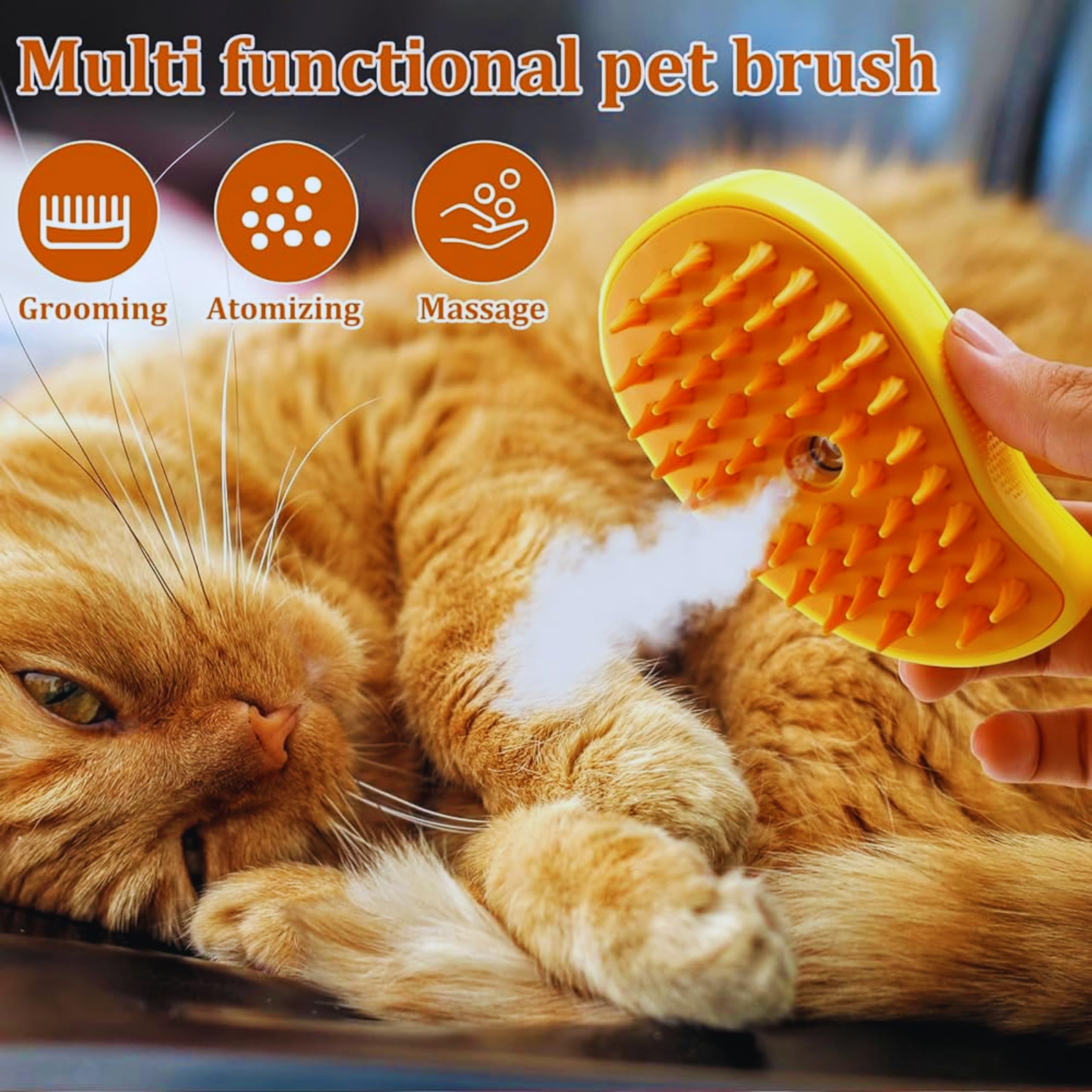 Generic 3-in-1 Self-Cleaning Steam Brush for Pets - Removes Loose and Tangled Hair, Multifunctional Design for Cats, Yellow