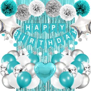 iyosll teal blue and silver birthday party decorations happy birthday banner turquoise aqua teal balloons tissue pom poms foil fringe curtain décor supplies for women girls boys men