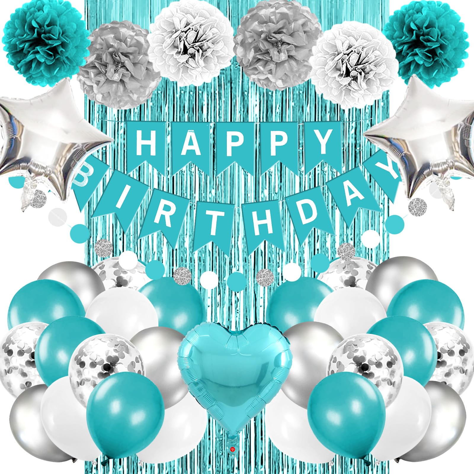 Iyosll Teal Blue and Silver Birthday Party Decorations Happy Birthday Banner Turquoise Aqua Teal Balloons Tissue Pom Poms Foil Fringe Curtain Décor Supplies for Women Girls boys men