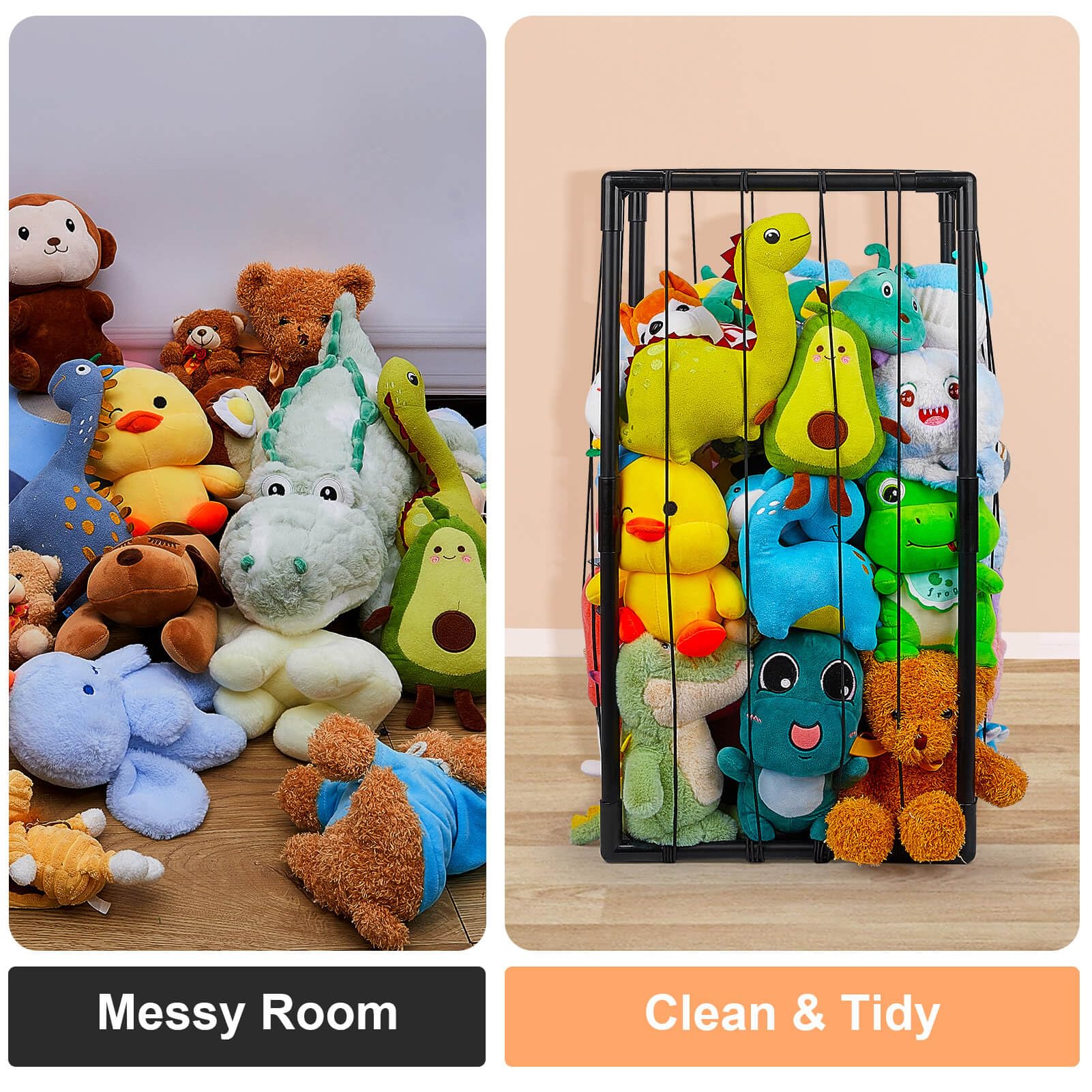 FIOBEE Stuffed Animals Zoo Storage Stuffed Animals Holder Organizer Large Toy Storage Shelf with Elastic Band Stuffed Animals Cage for Nursery Playroom Bedroom Room Furniture, Black, M