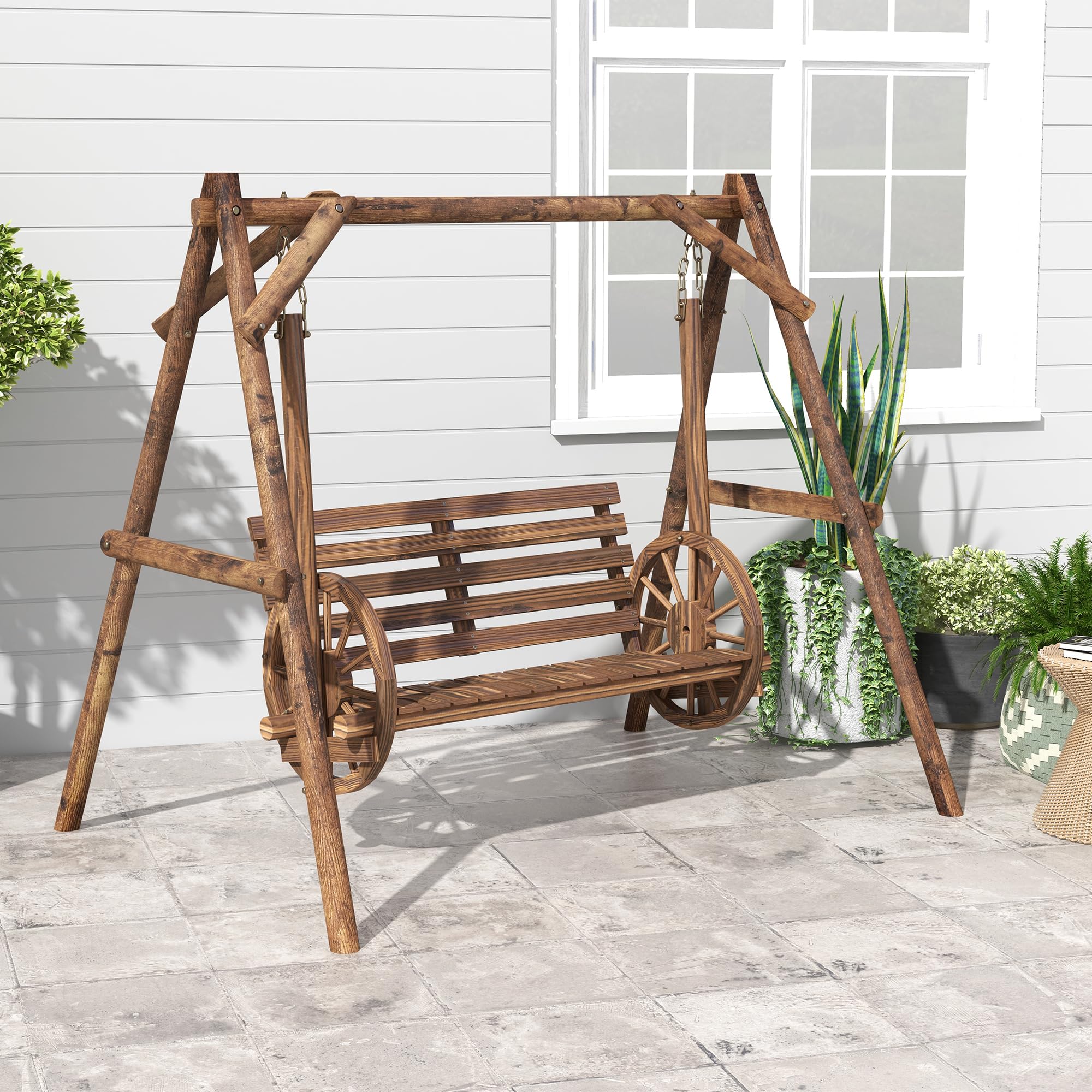 Outsunny 2-Seat Porch Swing with A-Frame Stand, Wooden Log Patio Swing Chair Bench with Wagon Shaped Armrests for Garden, Poolside, Backyard, Carbonized Brown