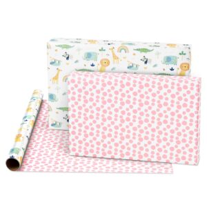 American Greetings 160 sq. ft. Reversible Wrapping Paper Bundle for Baby Showers, Baby Gifts, Birthdays and All Occasions, Hearts, Polka Dots and Animals (4 Rolls, 30 in. x 16 ft.)