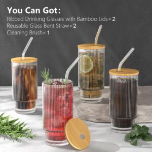 WXCWYQR Glass Cups with Lid and Straw 2 Set, 16OZ Drinking Glasses for Whiskey Cocktail Beer, Ribbed Glassware Set for Gift (2 SET)