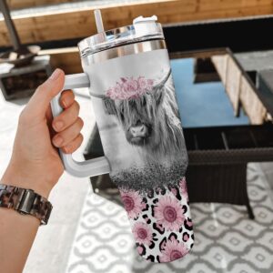 Hyturtle Personalized Gifts For Highland Cow Lover Tumbler 40oz with Handle and Straw - Stainless Steel Travel Coffee Cup With Lid - Cute Farm Animal Lover Gifts For Women, Girl On Birthday Christmas