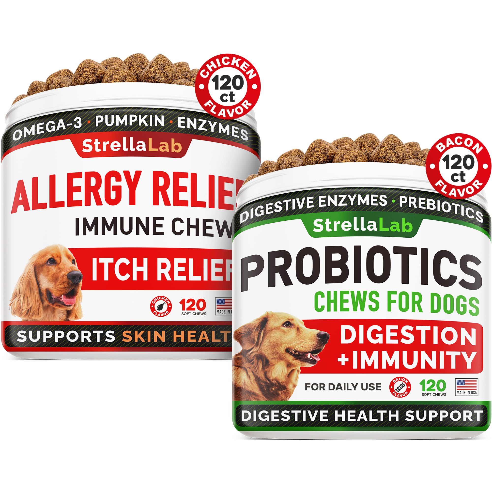 Allergy Relief + Probiotics Dogs Bundle - Itchy Skin Treatment + Digestive Enzymes - Omega 3 & Pumpkin + Prebiotics - Dogs Itching & Licking Treats + Improve Digestion - 240 Chews - Made in USA