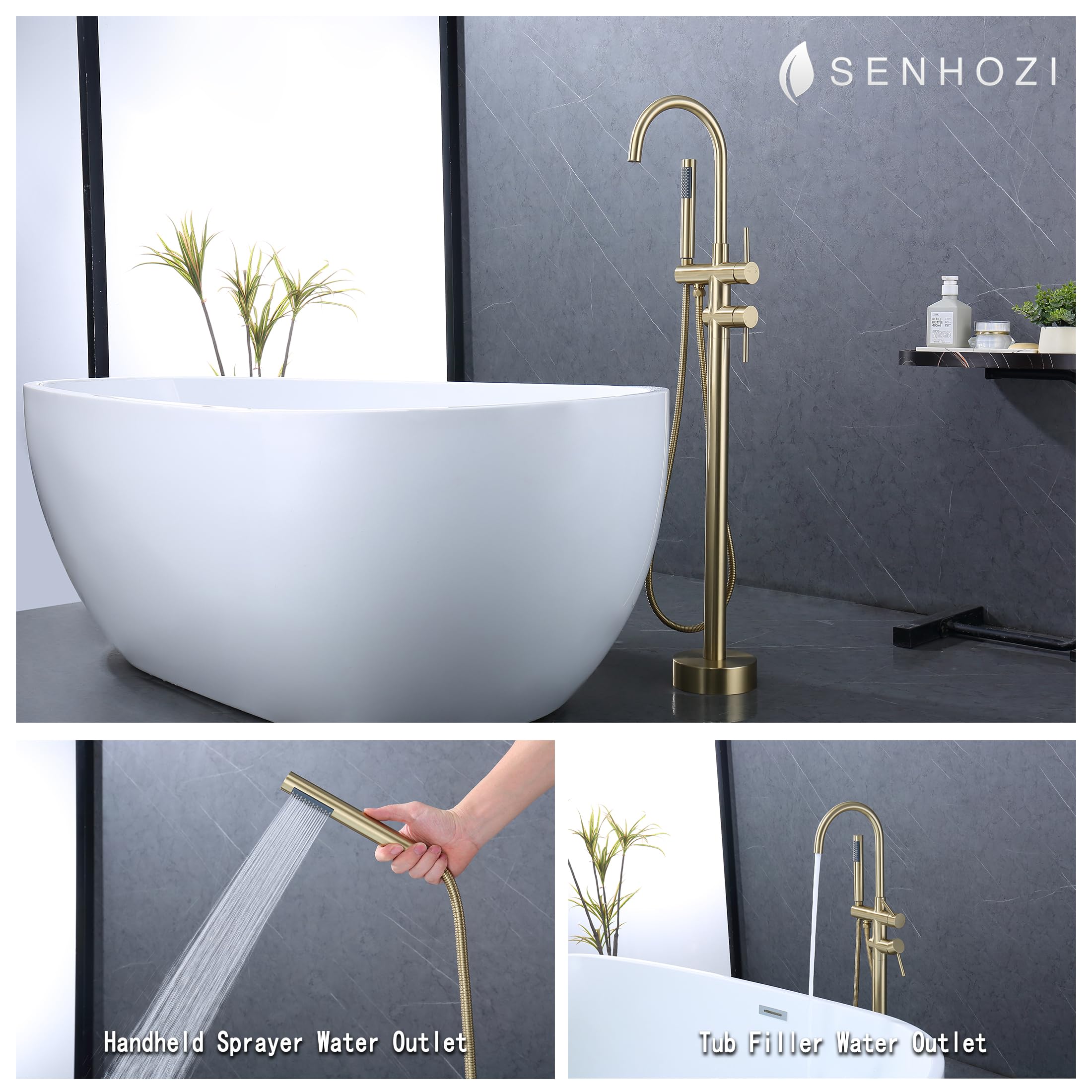 Freestanding Tub Faucet Floor Mount Tub Fillers Freestanding, Senhozi Brushed Gold Free Standing Tub Faucets, Mixer Tap Two Handle Gold Freestanding Bathtub Faucet with Hand Shower, SE-3001-BG