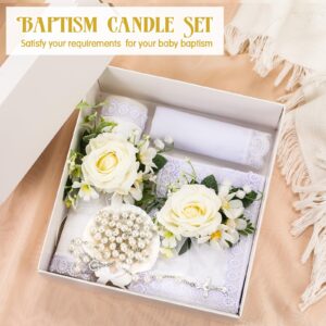 Threlaco 5 Pcs Baptism Candle Set Included Catholic Candle Devotional Candles with Flower, Baptism Towel, Rosary, Bible for Christenings Baptismal Party Favors(White)