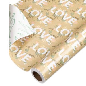 american greetings 175 sq. ft. reversible flower wrapping paper bundle for weddings, bridal showers, engagement, anniversaries and all occasions, love text and floral (1 roll, 30 in x 70 ft.)