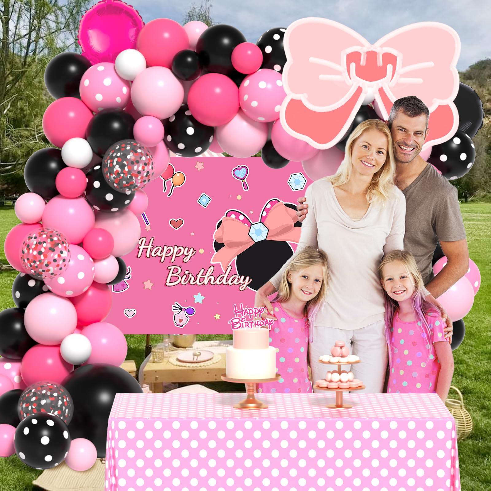 Pink Mouse Birthday Decorations of Pink Mouse Balloon Arch Kit with Backdrop & Tablecloth - Mouse Balloon Garland Different Sizes 5 12 Inch Pink Black Balloons for Girls Baby Shower Birthday Decor