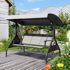 noblemood outdoor patio swing with adjustable canopy, 3 seat outdoor porch swing with cup holders, waterproof textilene swing chair for adults backyard garden patio