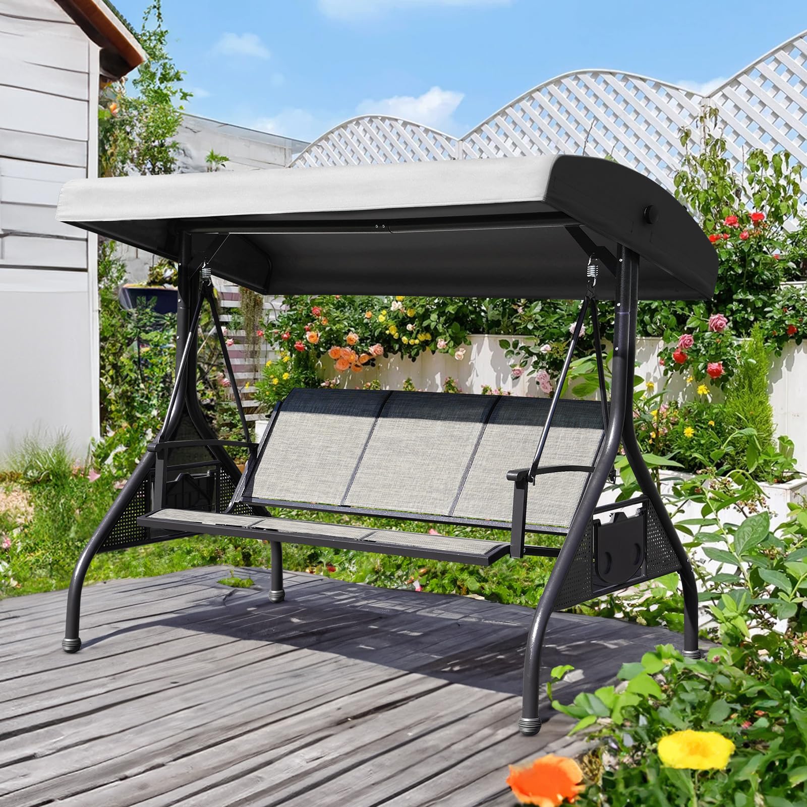 NOBLEMOOD Outdoor Patio Swing with Adjustable Canopy, 3 Seat Outdoor Porch Swing with Cup Holders, Waterproof Textilene Swing Chair for Adults Backyard Garden Patio