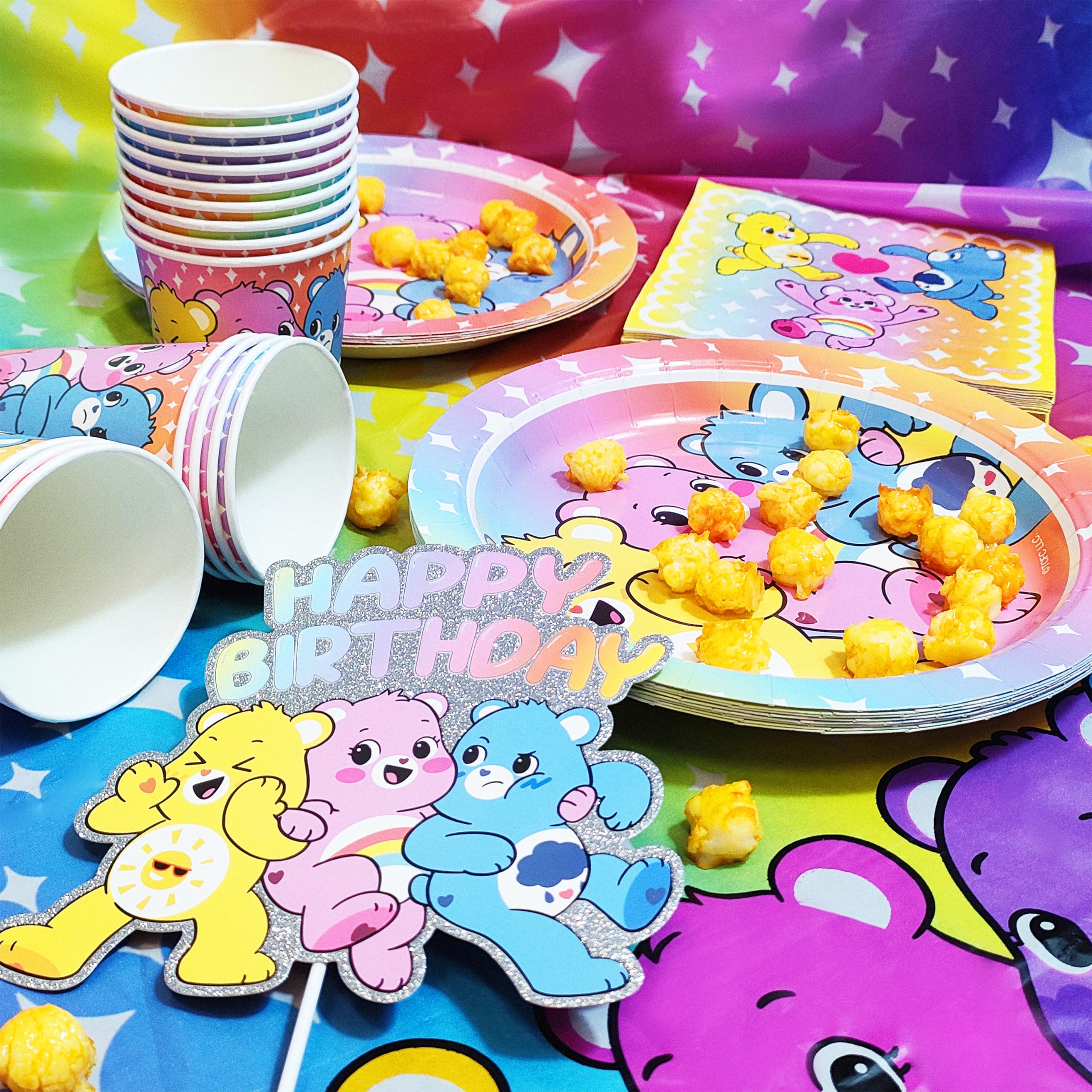 Care Bears Birthday Decorations 58pc Happy Birthday Table Decorations Original Care Bears Party Supplies: Paper Plates, Cups Napkins, Table Cloth Cake Topper Rainbow Party Favor Gender Reveal Decor 3+