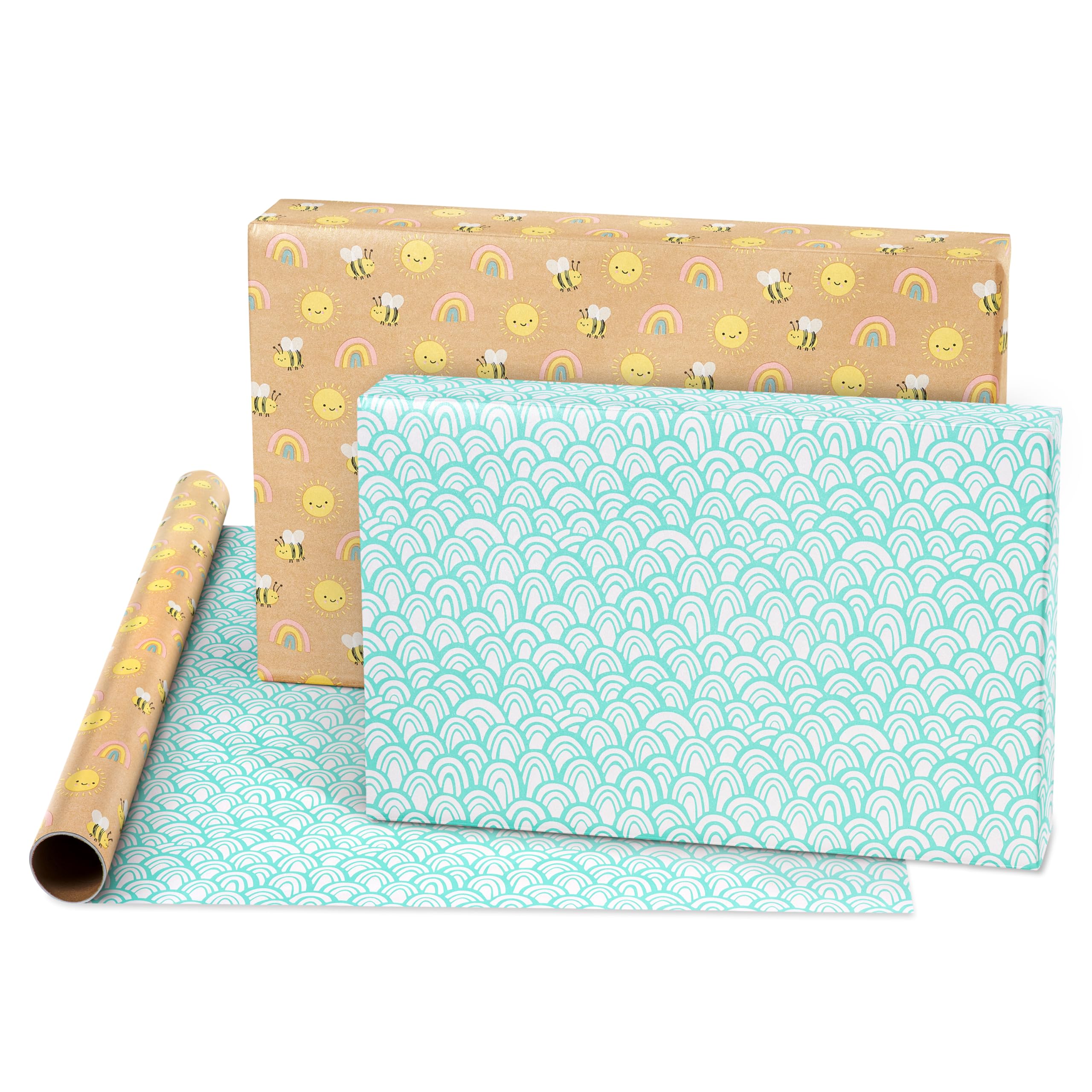 American Greetings 160 sq. ft. Reversible Wrapping Paper Bundle for Baby Showers, Baby Gifts, Birthdays and All Occasions, Hearts, Polka Dots and Animals (4 Rolls, 30 in. x 16 ft.)