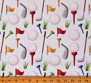 cotton golf golfballs golf clubs tees flagstick sports white cotton fabric print by the yard (116253)