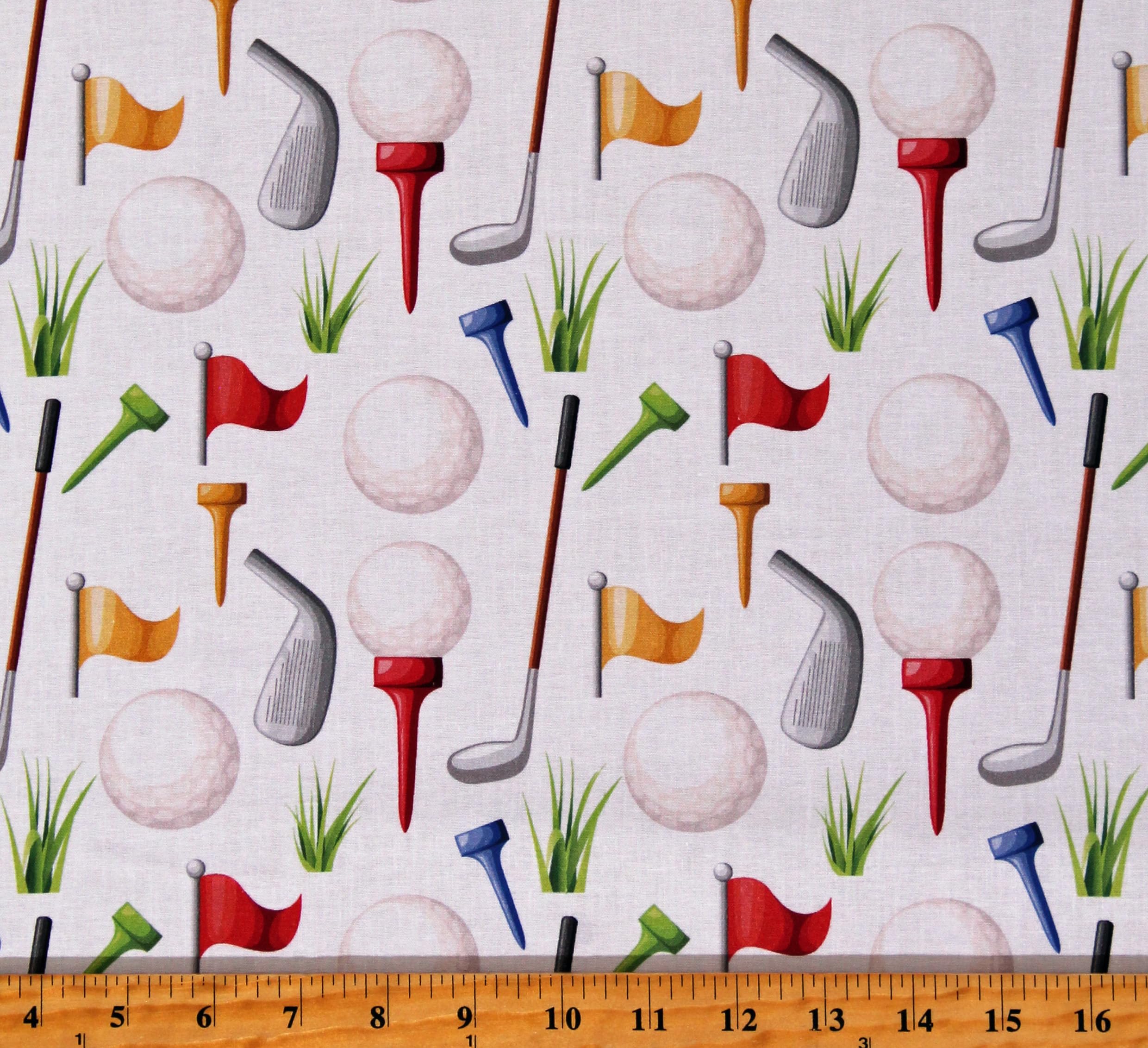 Cotton Golf Golfballs Golf Clubs Tees Flagstick Sports White Cotton Fabric Print by The Yard (116253)