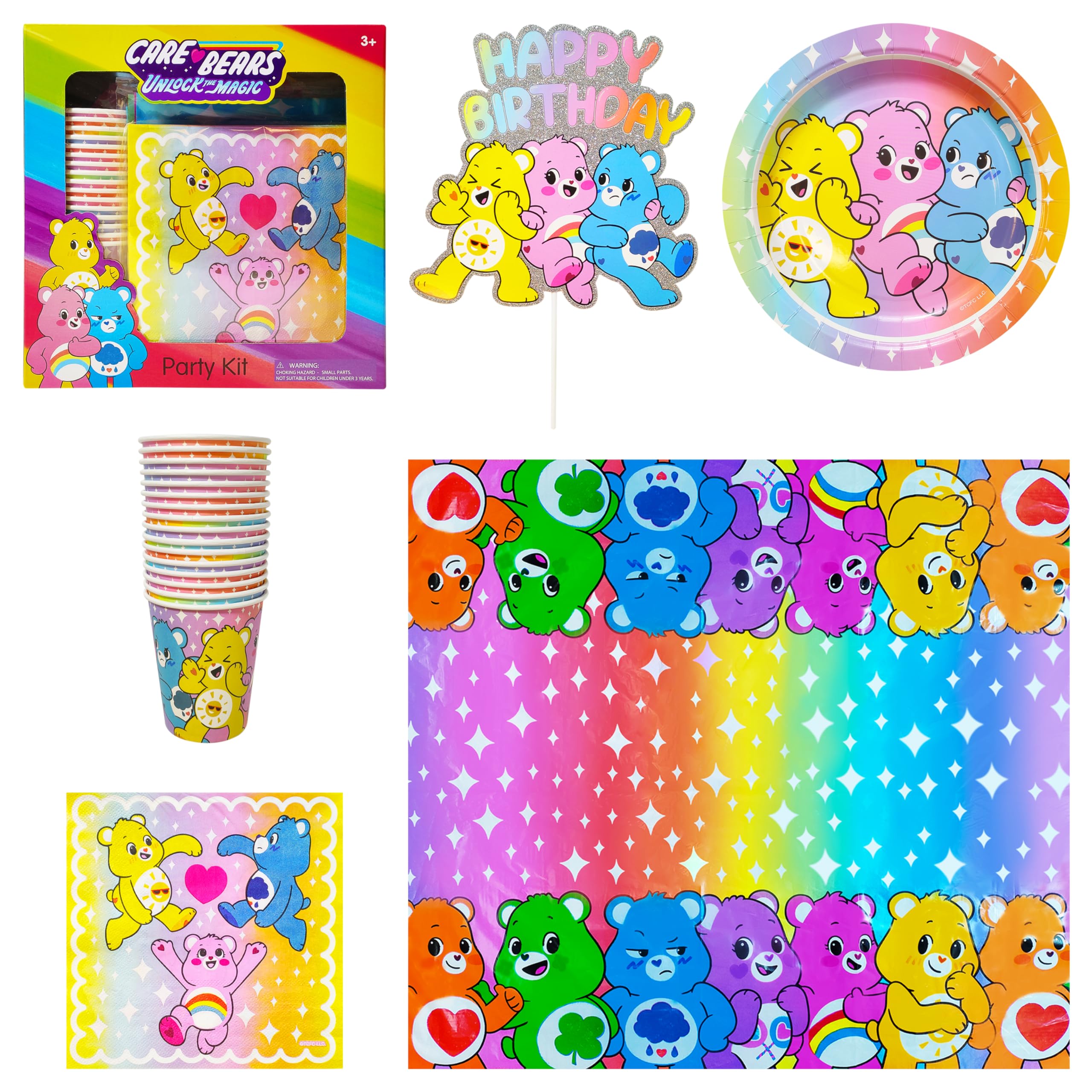 Care Bears Birthday Decorations 58pc Happy Birthday Table Decorations Original Care Bears Party Supplies: Paper Plates, Cups Napkins, Table Cloth Cake Topper Rainbow Party Favor Gender Reveal Decor 3+