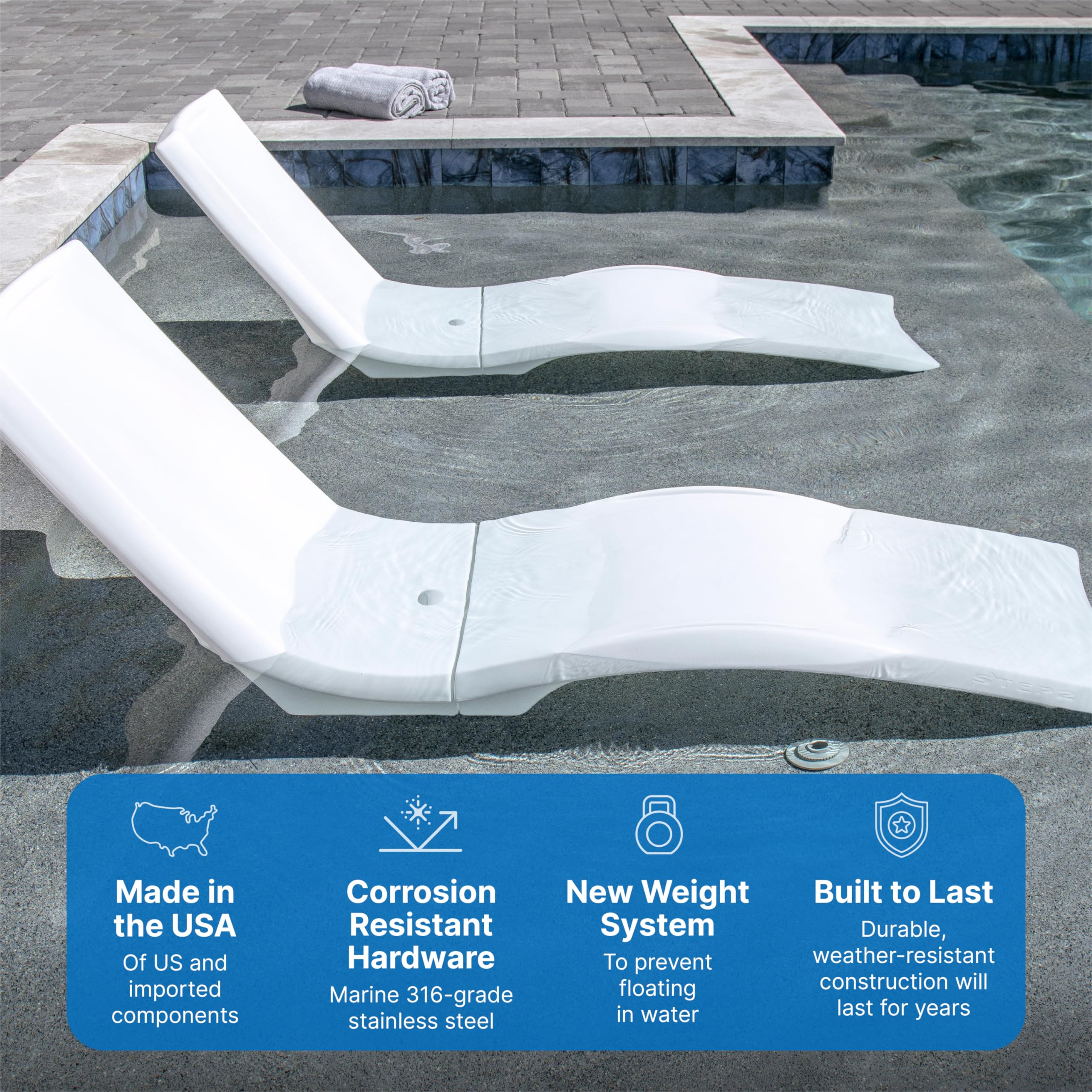 Step2 Vero Pool Lounger, Fade-Resistant, Waterproof Patio Furniture, Pool Lounge Chair for Sun Shelf, Use in Pools with Shelves Up to 9-Inches Deep or Outside Pool Deck, Weighted, White