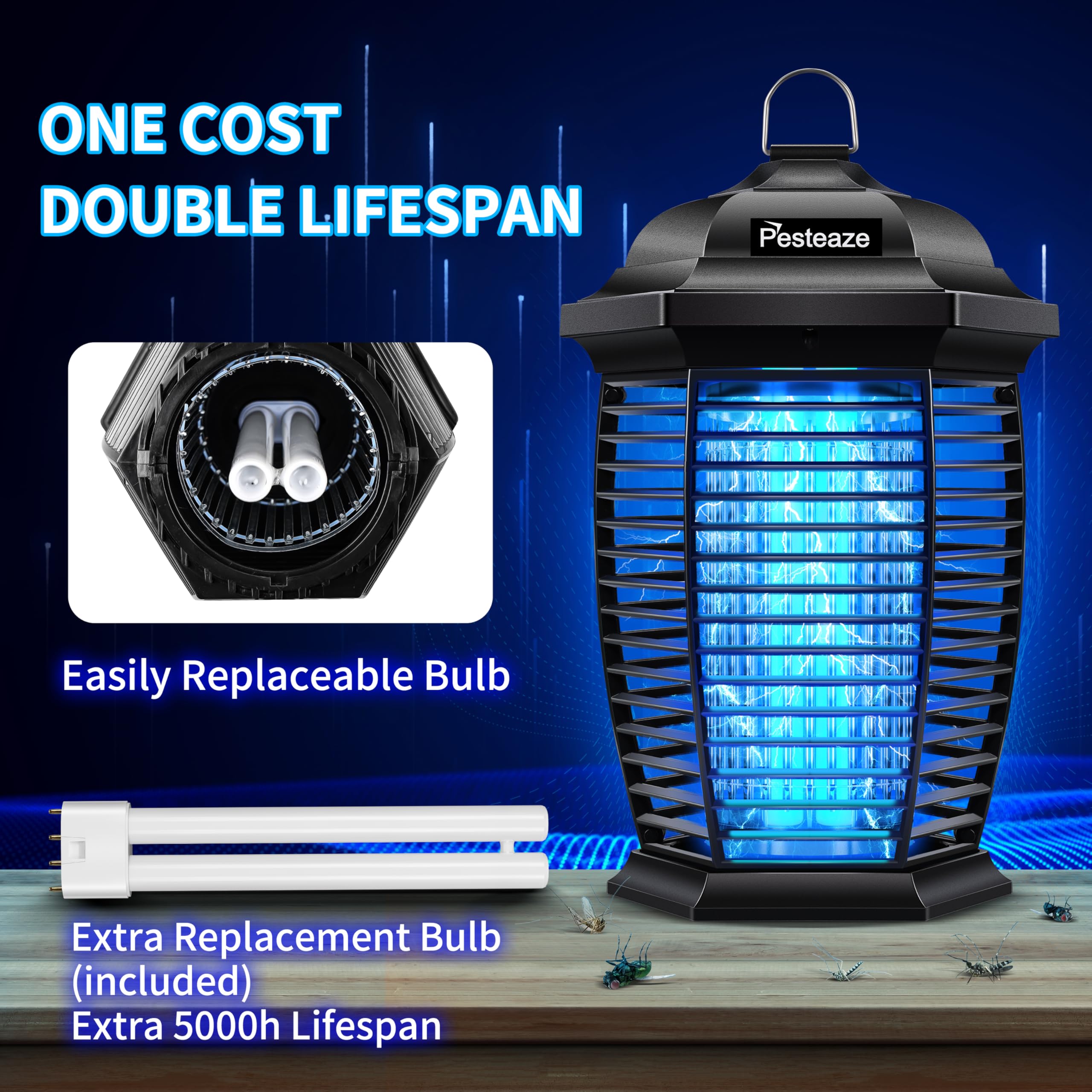 Pesteaze 4600V Instant Killing Bug Zapper Outdoor Waterproof, 10ft Power Cord, 20W Electric Insect, Fly & Mosquito Zapper Killer with (1) Extra Replacement Bulb, Weatherproof ABS Plastic Shell