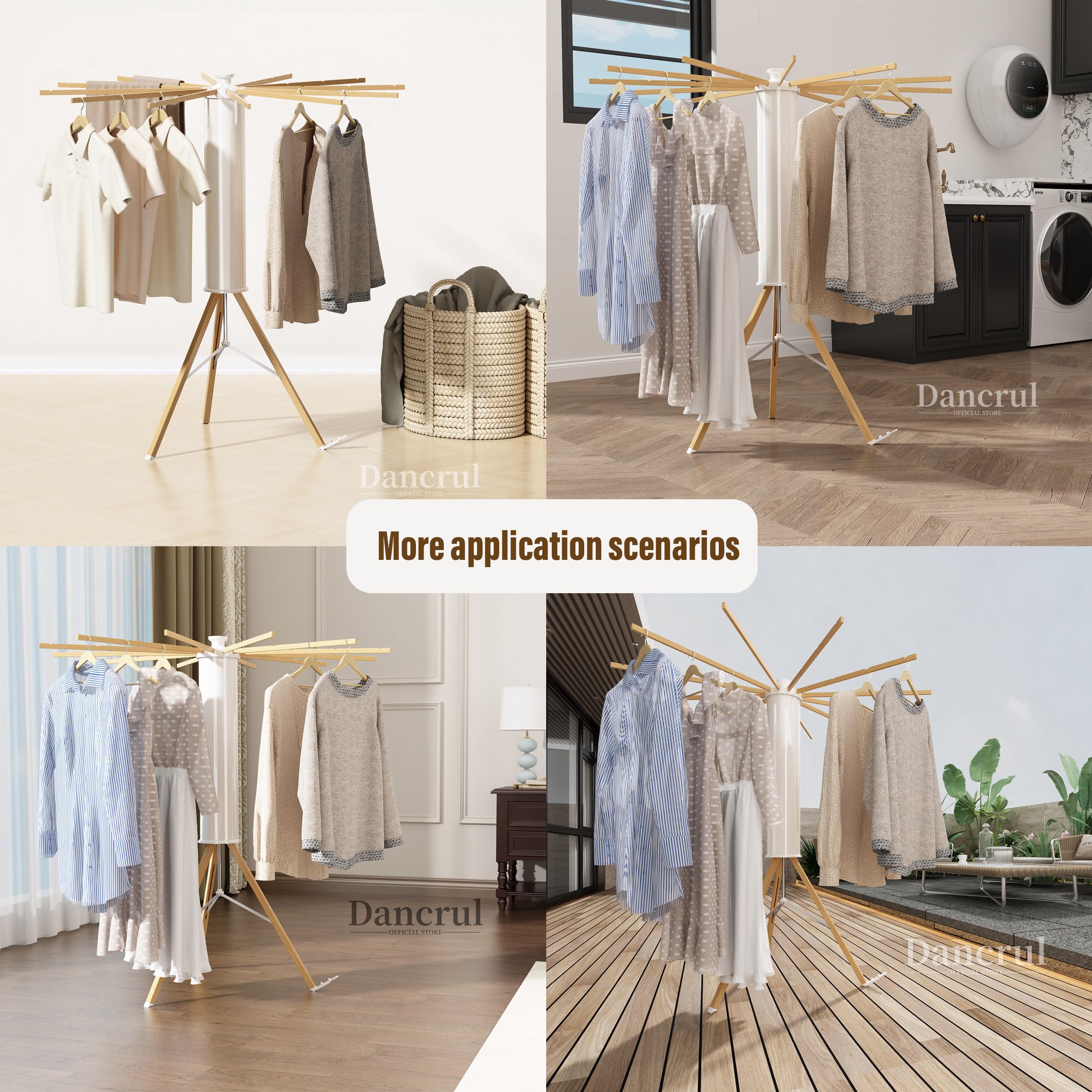 Tripod Clothes Drying Rack, Portable Drying Rack, Portable and Foldable Space Saving Drying Rack,12 Expandable Rods,Wooden, Collapsible Drying Rack for Camping, Balcony, Bedroom and Laundry Room.