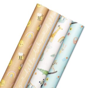 American Greetings 160 sq. ft. Reversible Wrapping Paper Bundle for Baby Showers, Baby Gifts, Birthdays and All Occasions, Hearts, Polka Dots and Animals (4 Rolls, 30 in. x 16 ft.)