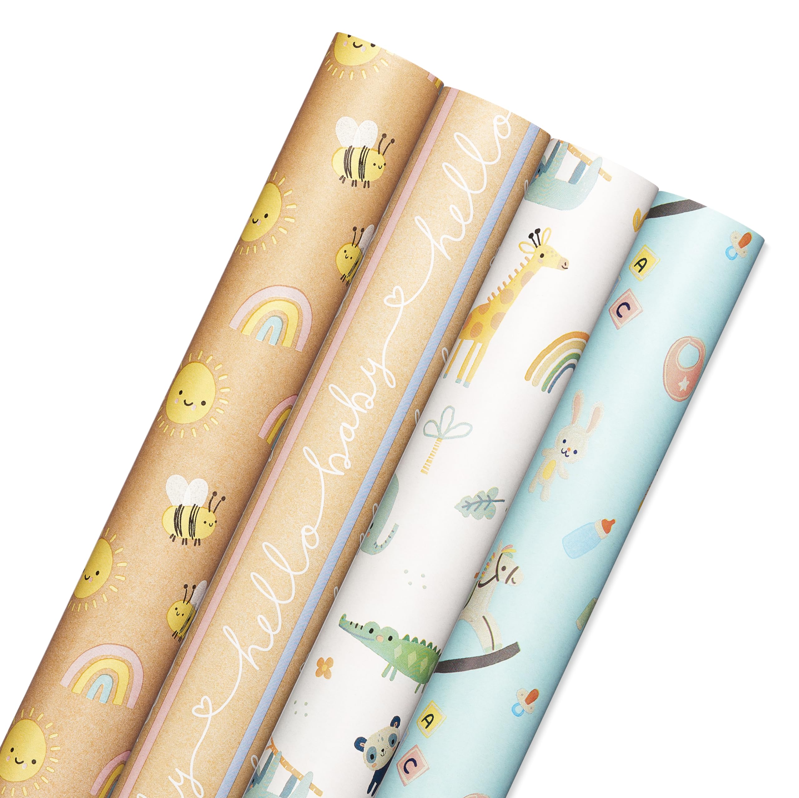 American Greetings 160 sq. ft. Reversible Wrapping Paper Bundle for Baby Showers, Baby Gifts, Birthdays and All Occasions, Hearts, Polka Dots and Animals (4 Rolls, 30 in. x 16 ft.)