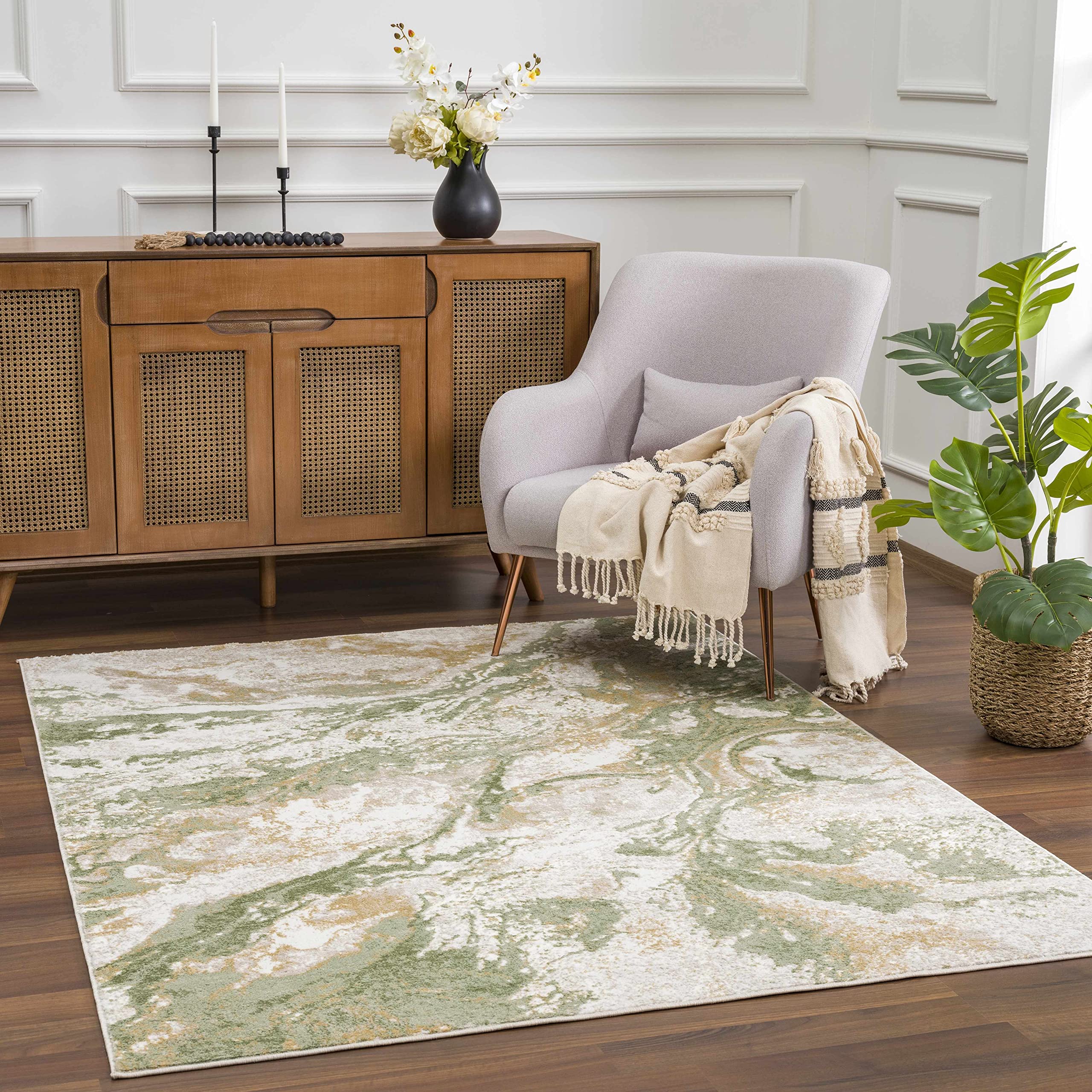 BoutiqueRugs Liverpool Modern Abstract Large Area Rug - Contemporary Marble Print Rug for Living Room - Cream, Green - 7'10" x 10' (8x10 Area Rug)