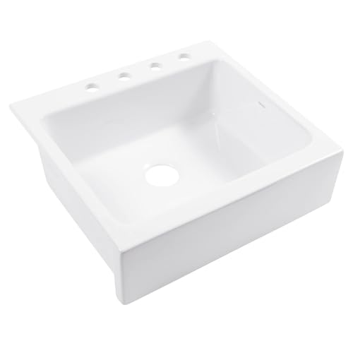 Sinkology Parker Crisp White Fireclay 26" Single Bowl Quick-Fit Drop-In Farmhouse Apron Kitchen Sink with 4 Holes and Drain