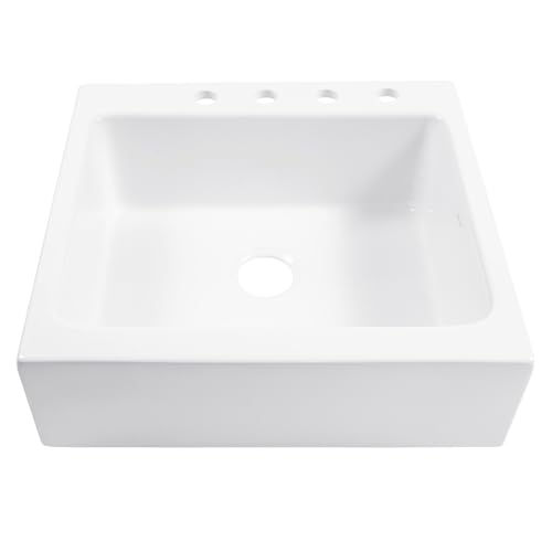 Sinkology Parker Crisp White Fireclay 26" Single Bowl Quick-Fit Drop-In Farmhouse Apron Kitchen Sink with 4 Holes and Drain