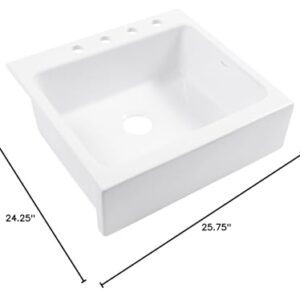 Sinkology Parker Crisp White Fireclay 26" Single Bowl Quick-Fit Drop-In Farmhouse Apron Kitchen Sink with 4 Holes and Drain