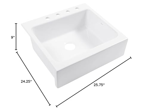 Sinkology Parker Crisp White Fireclay 26" Single Bowl Quick-Fit Drop-In Farmhouse Apron Kitchen Sink with 4 Holes and Drain