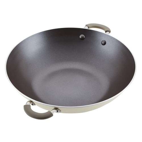 Rachael Ray Cook + Create Nonstick Wok Pan with Side Handles, Oven Safe, Easy to Clean, 14 Inch, Almond